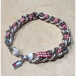 Tommy Hilfiger Red White Gingham Check Ribbon Chainlink Bracelet Logo Charm